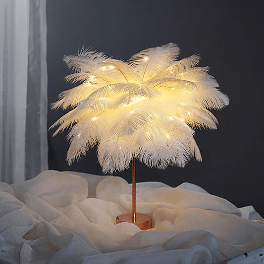 Elegant Ostrich Feather Table Lamp with Adjustable Branches – Battery Operated Cordless Design for Cozy Bedside or Living Room Lighting