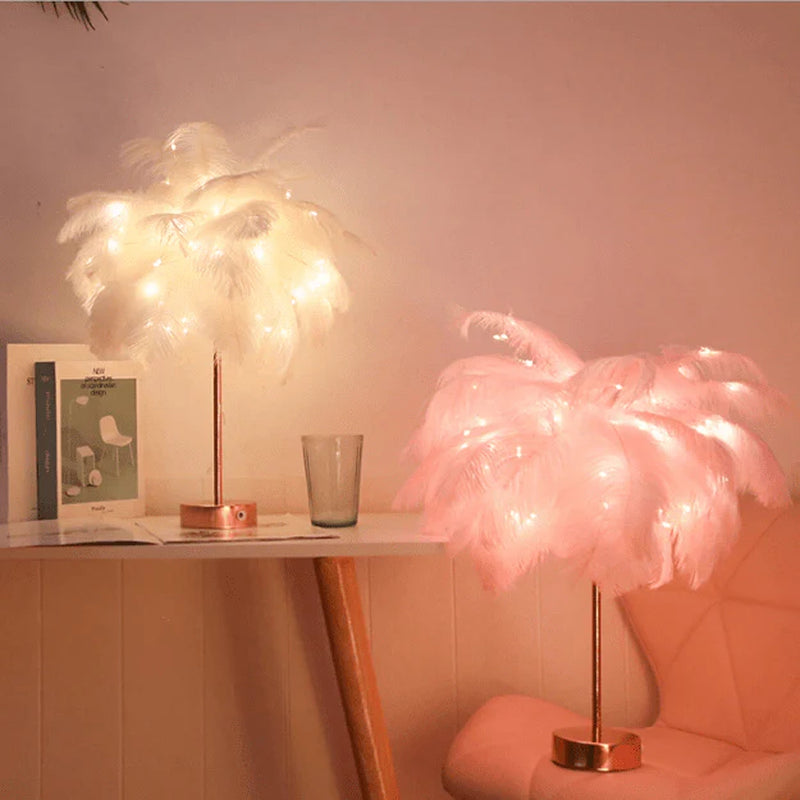 Elegant Ostrich Feather Table Lamp with Adjustable Branches – Battery Operated Cordless Design for Cozy Bedside or Living Room Lighting