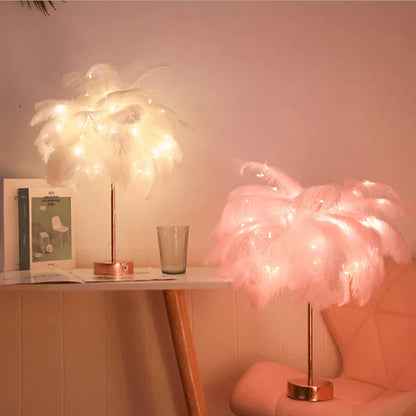 Elegant Ostrich Feather Table Lamp with Adjustable Branches – Battery Operated Cordless Design for Cozy Bedside or Living Room Lighting