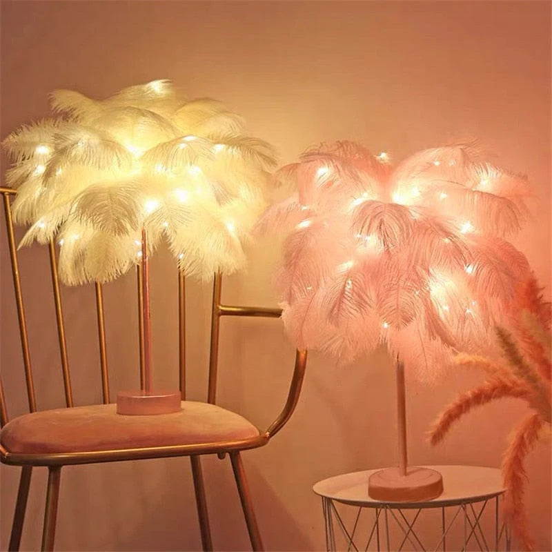 Elegant Ostrich Feather Table Lamp with Adjustable Branches – Battery Operated Cordless Design for Cozy Bedside or Living Room Lighting