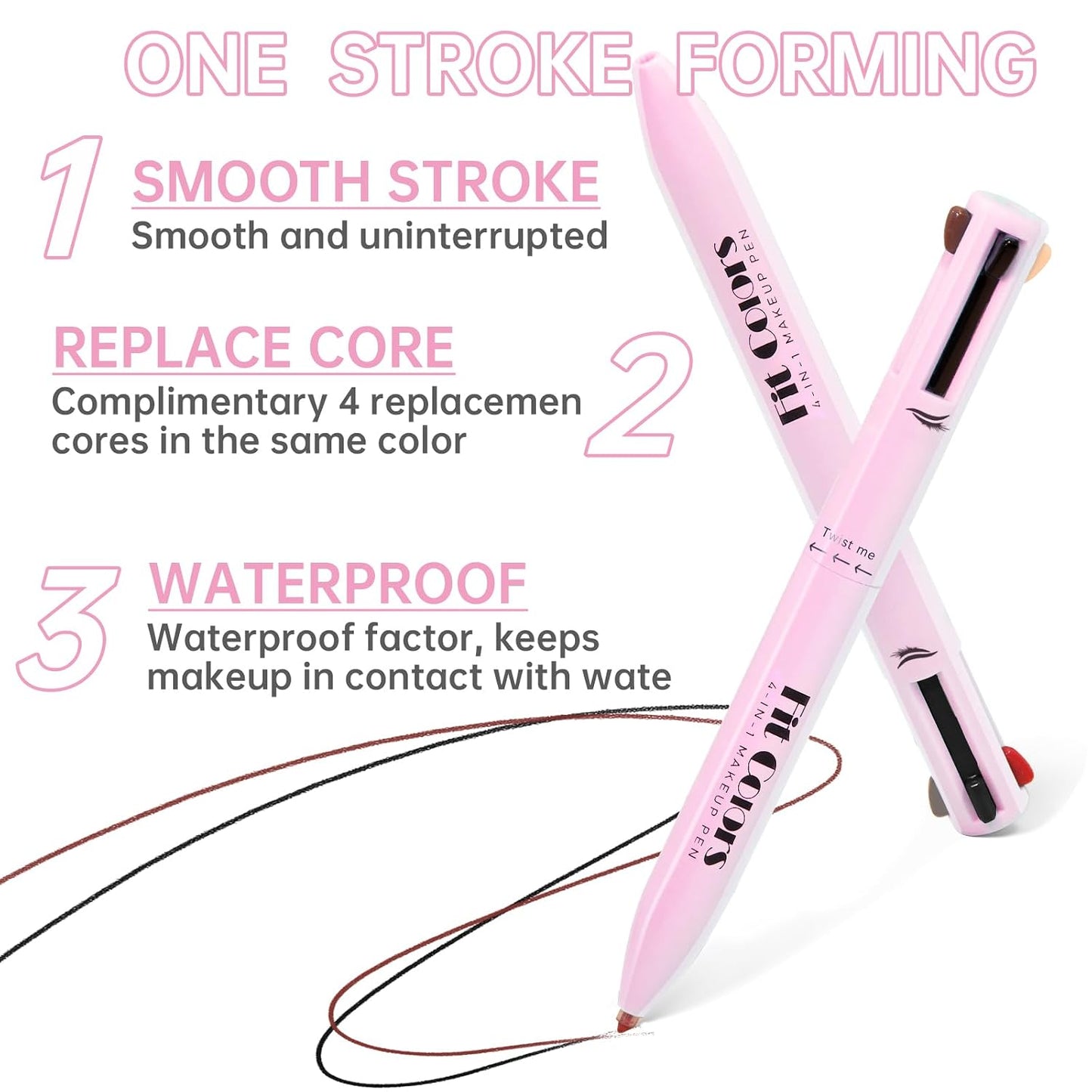 4 in 1 Makeup Pen, 4 Colors Eyeliner Eyebrow Lip Liner Highlighter All in One Beauty Pen, Waterproof Long-Lasting Multifunctional Travel Portable Makeup Pen with 4 Replacement Refill
