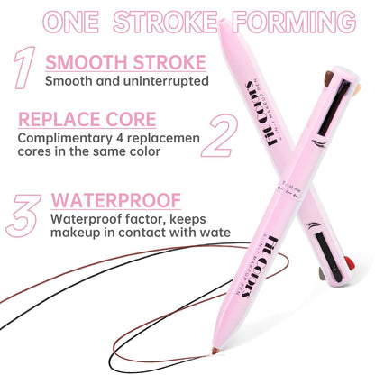 4 in 1 Makeup Pen, 4 Colors Eyeliner Eyebrow Lip Liner Highlighter All in One Beauty Pen, Waterproof Long-Lasting Multifunctional Travel Portable Makeup Pen with 4 Replacement Refill